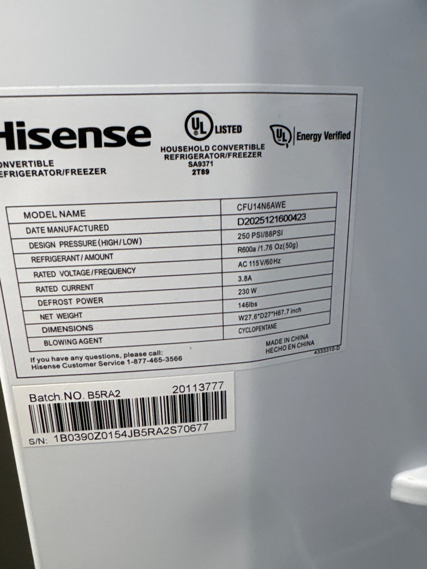 Hisense CFU14N6AWE 13.6 cu. ft. Garage Ready Frost Free Convertible Upright Freezer