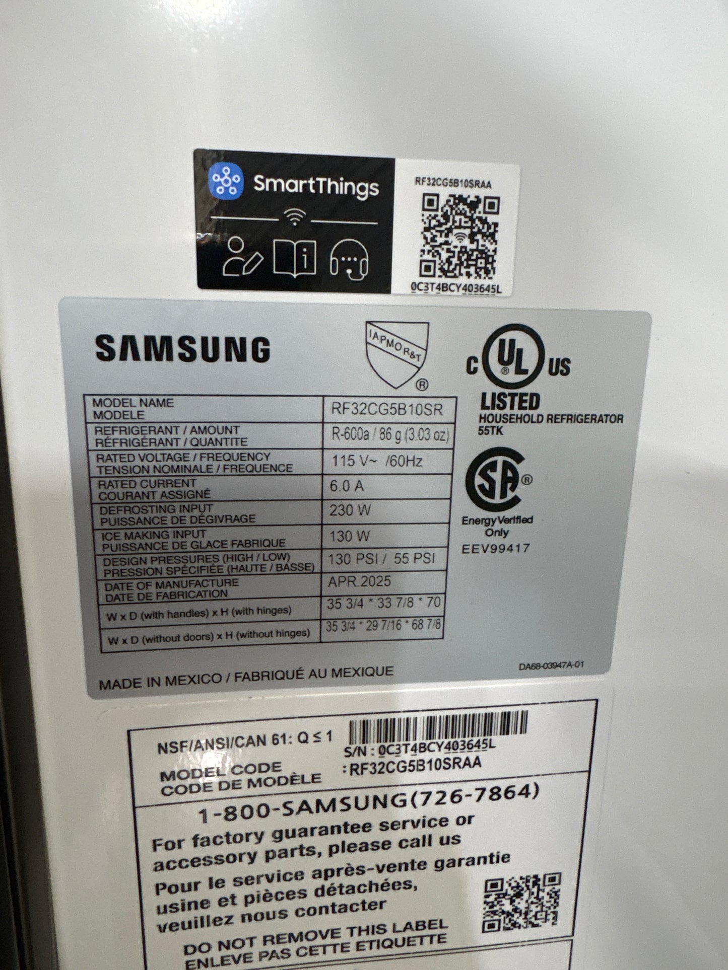Samsung RF32CG5B10SR 31 cu. ft. Mega Capacity Standard Depth 3-Door French Door Refrigerator with External Water and Ice Dispenser Dimensions: 35 3/4" W x 70" H x 29 7/16" D Counter Depth: No Color: Stainless Steel