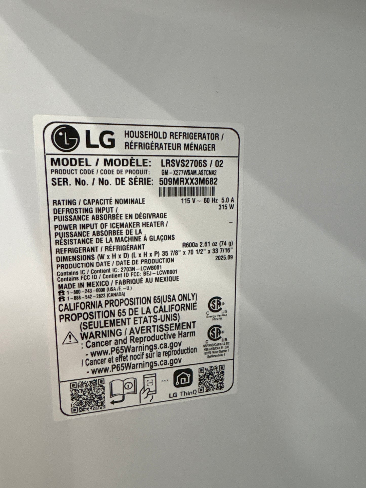 LG LRSVS2706S 27 cu. ft. Smart Side-By-Side InstaView® Door-in-Door® Refrigerator with Craft Ice™