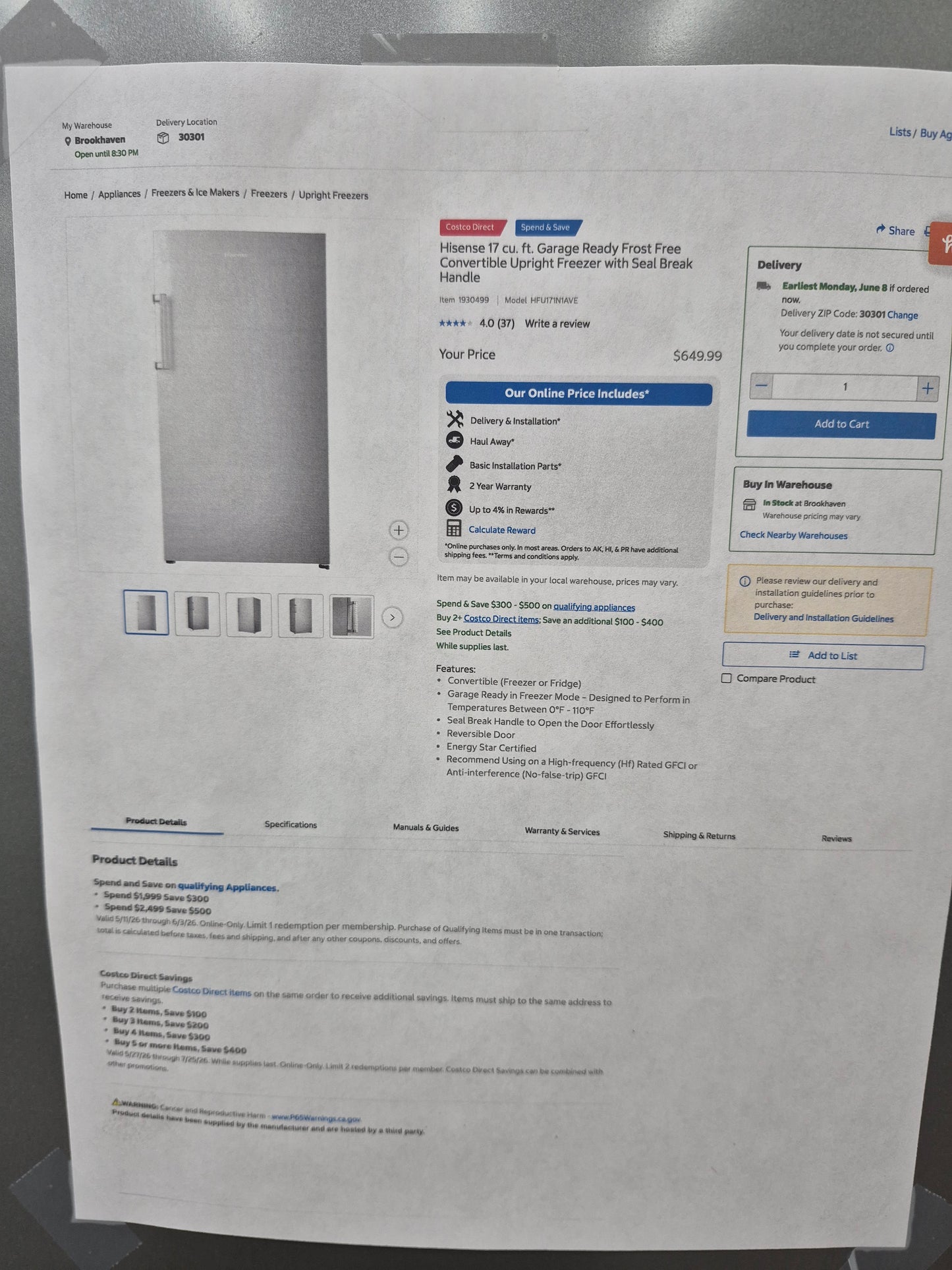 Hisense HFU171N1AVE 17 cu. ft. Garage Ready Frost Free Convertible Upright Freezer with Seal Break Handle