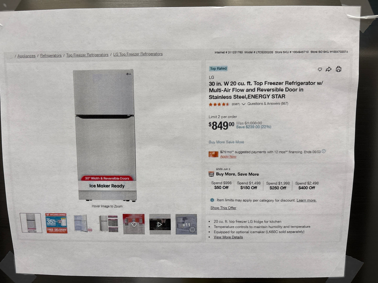 LG LTCS20020V 20 cu. ft. Top Freezer Refrigerator