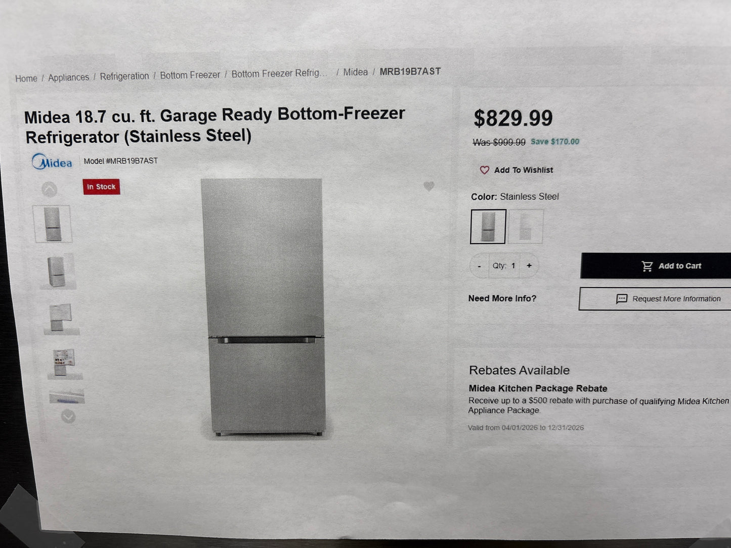 Midea MRB19B7AST 18.7 cu. ft. Garage Ready Bottom-Freezer Refrigerator