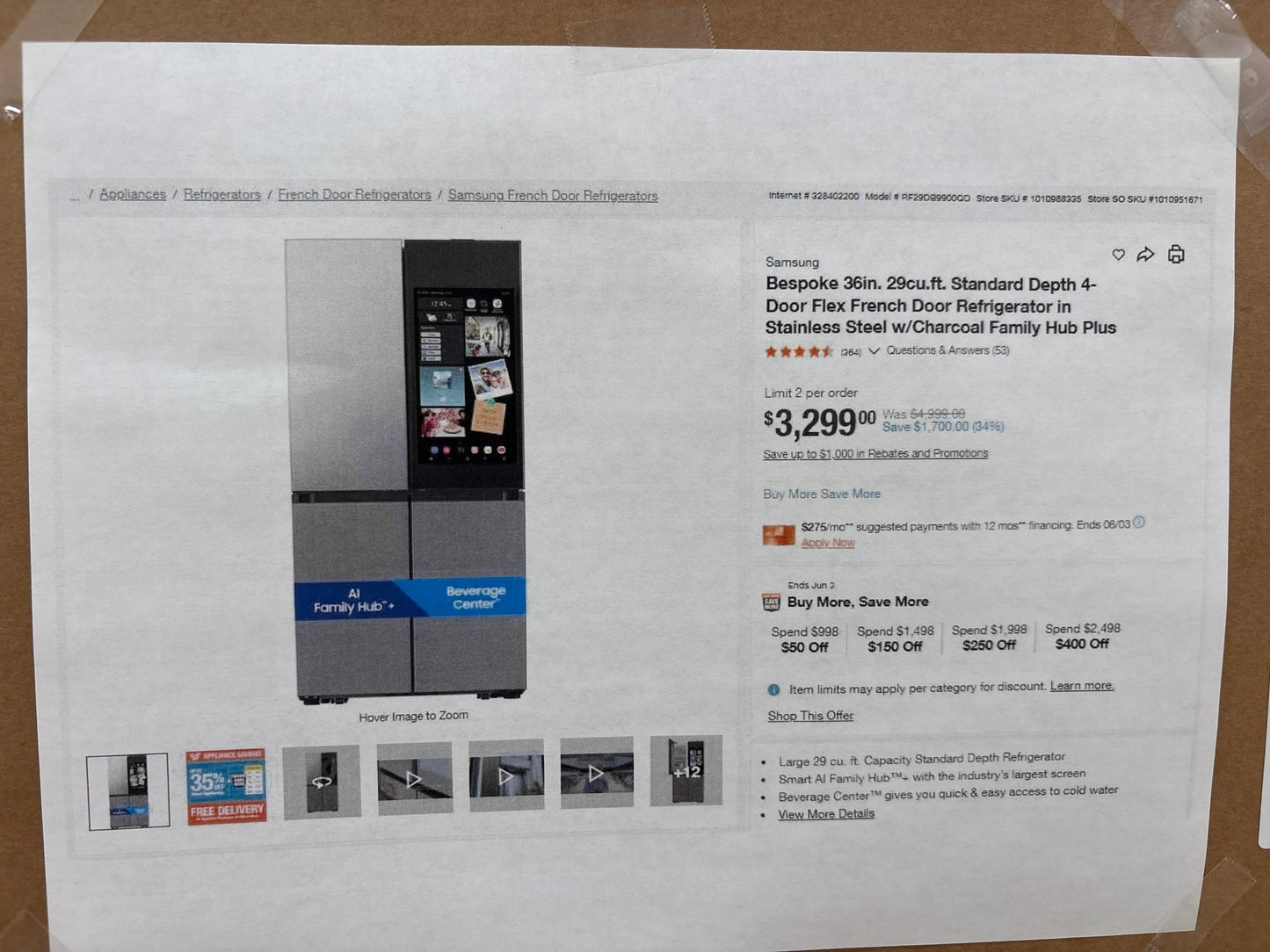 Samsung Bespoke AI RF29DB9900QD NEW In Box 36" 4‑Door Flex Refrigerator — 29 Cu. Ft., Family Hub+, Vision Inside, Stainless Steel