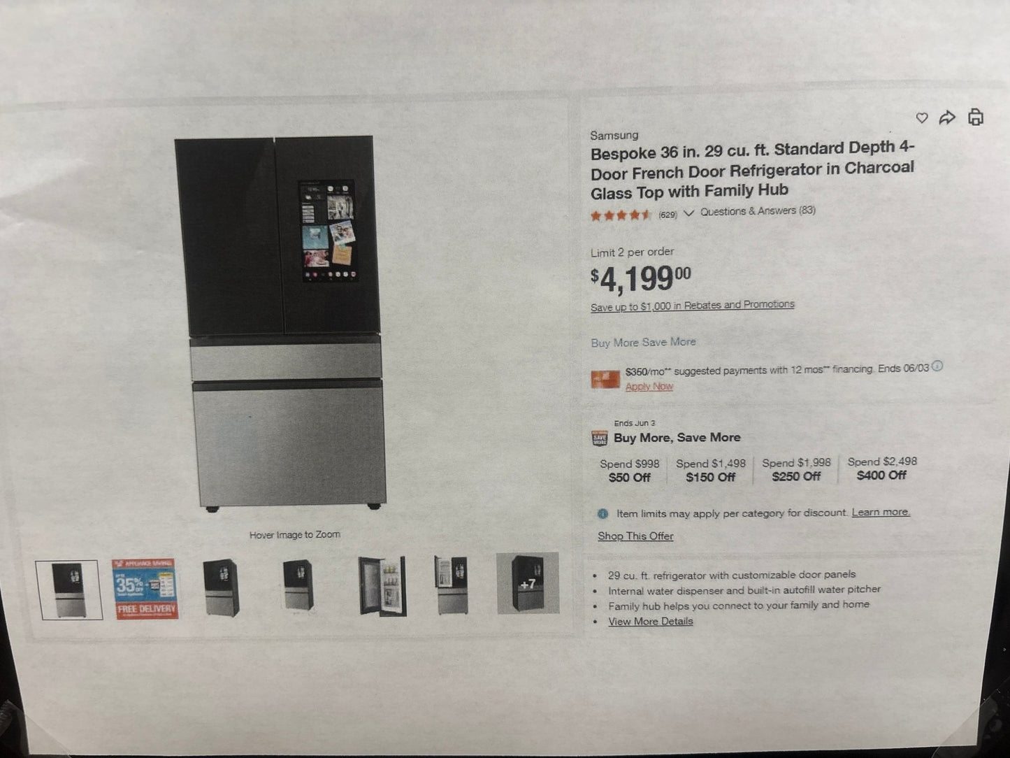 Samsung BESPOKE RF29BB8900QK NEW 36" Smart 4‑Door French Door Refrigerator — 29 Cu. Ft., Family Hub™, FlexZone, Stainless Steel