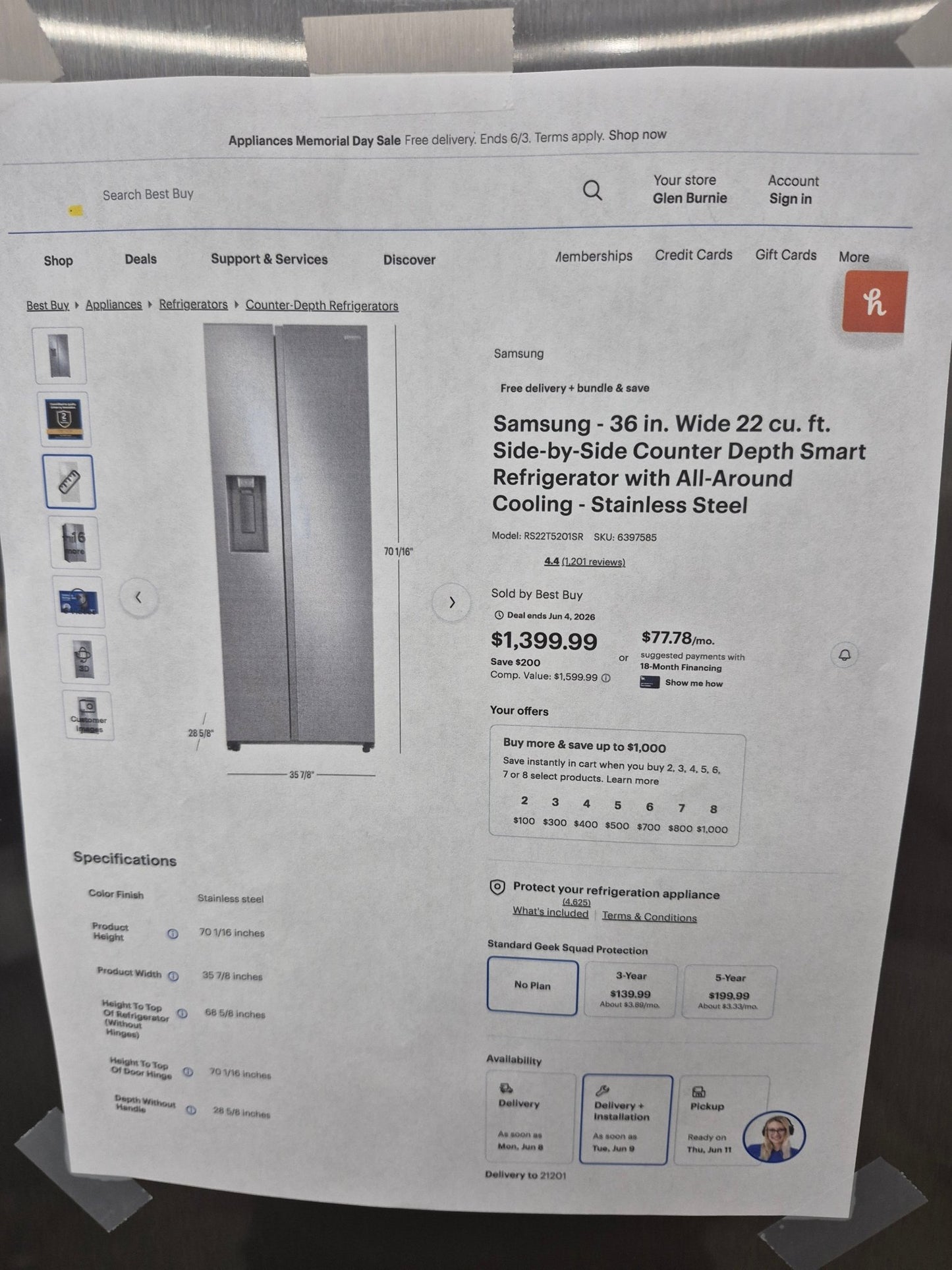 Samsung RS22T5201SR 22 cu. ft. Counter Depth Side-by-Side Refrigerator with Ice Maker