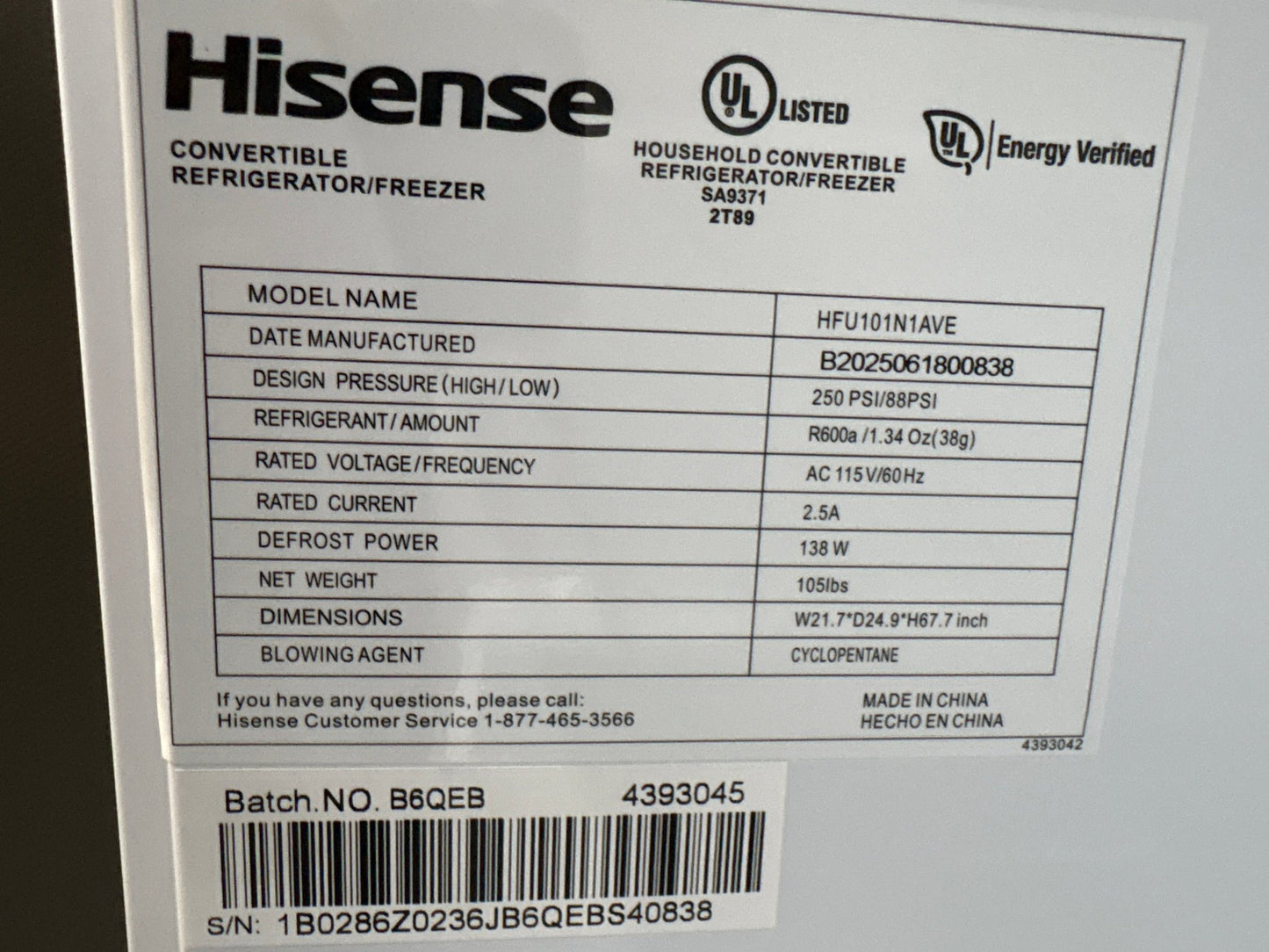 Hisense HFU101N1AVE 10.2 cu. ft. Garage Ready Frost Free Convertible Upright Freezer