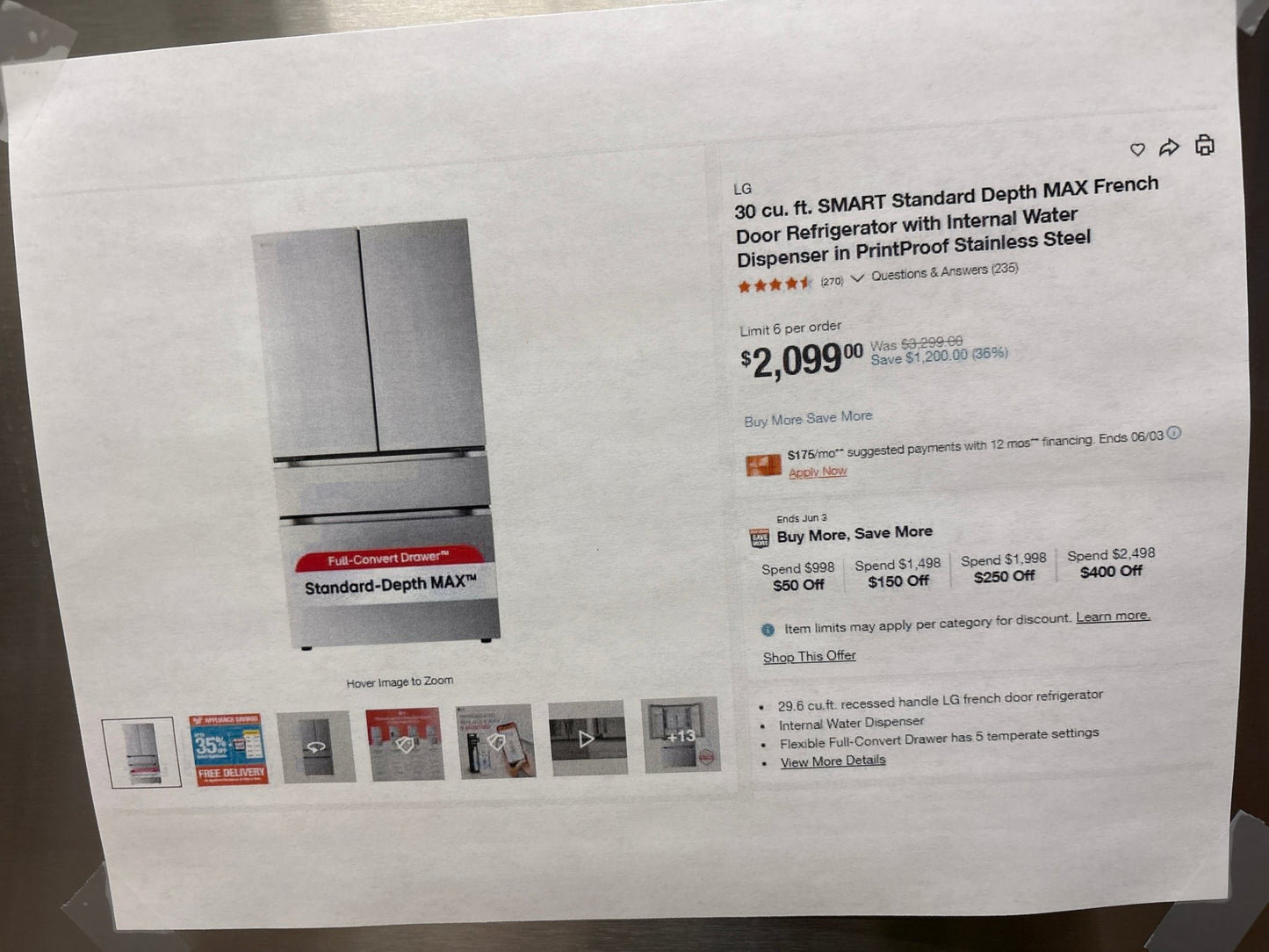 LG LF30S8210S NEW 36" Smart 4‑Door French Door Refrigerator — 29.6 Cu. Ft., Full‑Convert Drawer, Stainless Steel