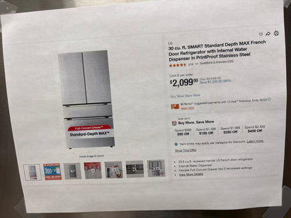 LG LF30S8210S NEW 36" Smart 4‑Door French Door Refrigerator — 29.6 Cu. Ft., Full‑Convert Drawer, Stainless Steel