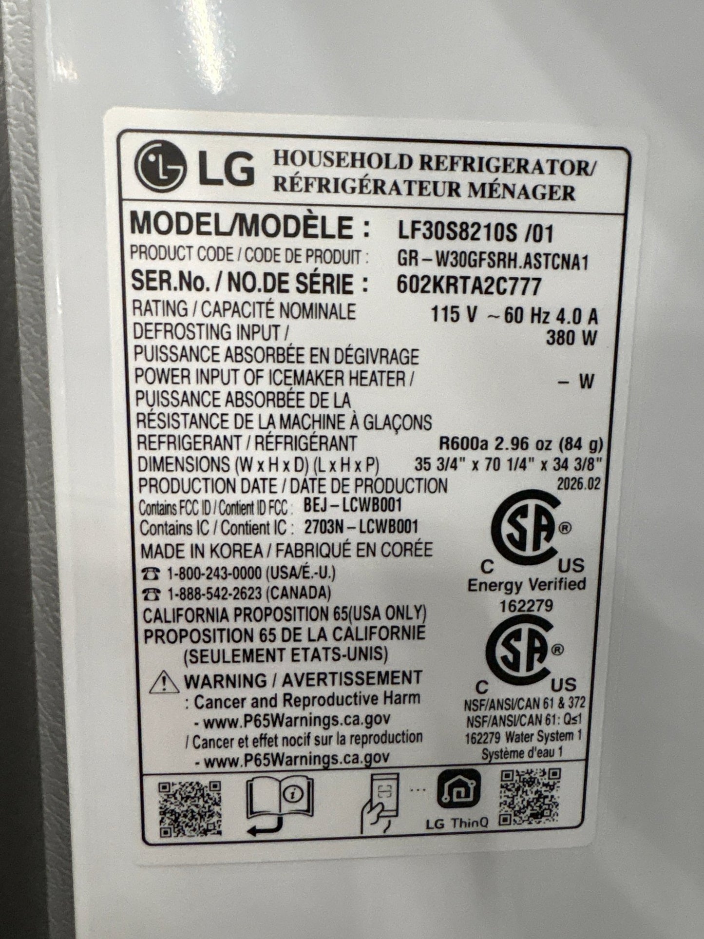 LG LF30S8210S NEW 36" Smart 4‑Door French Door Refrigerator — 29.6 Cu. Ft., Full‑Convert Drawer, Stainless Steel