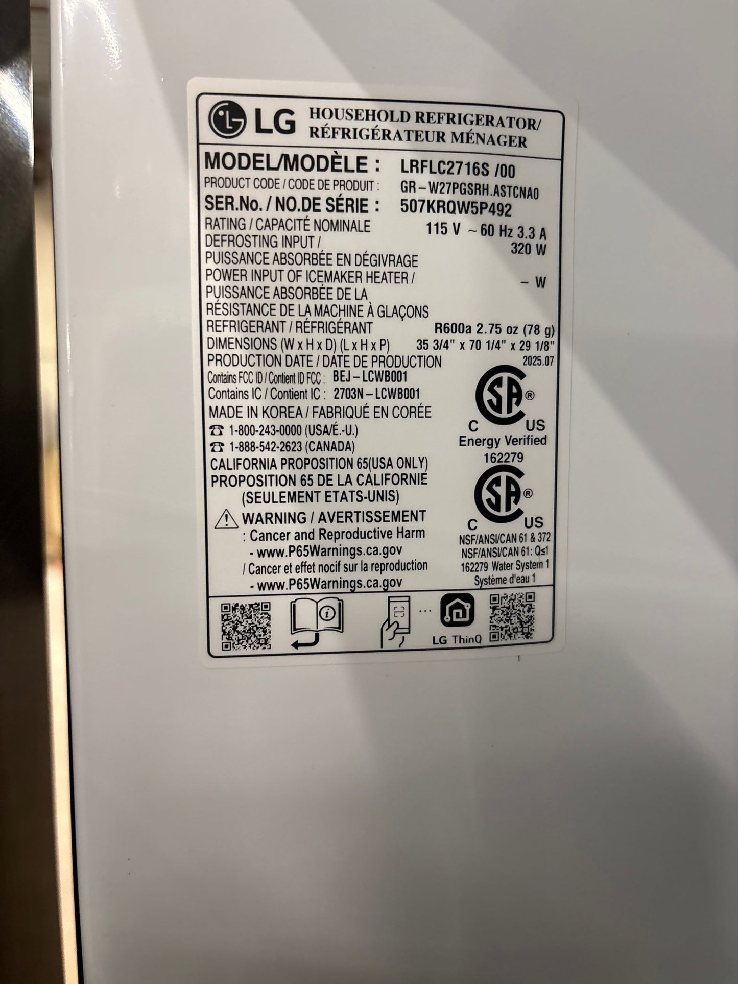 LG LRFLC2716S NEW 36" Counter‑Depth MAX French Door Refrigerator — 27 Cu. Ft., Door Cooling+, Internal Water Dispenser, Stainless Steel