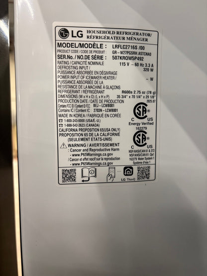 LG LRFLC2716S NEW 36" Counter‑Depth MAX French Door Refrigerator — 27 Cu. Ft., Door Cooling+, Internal Water Dispenser, Stainless Steel