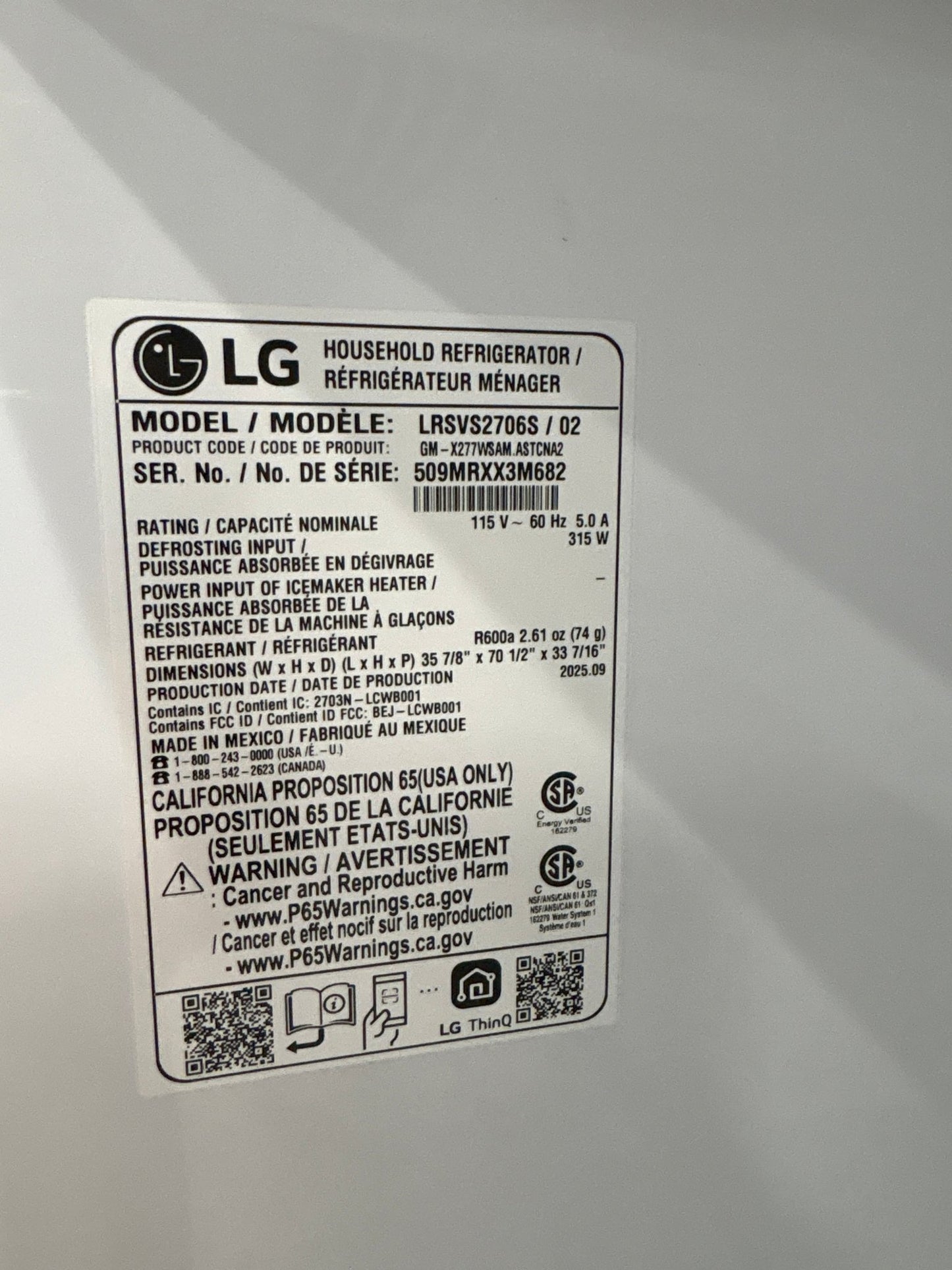 LG LRSVS2706S 27 cu. ft. Smart Side-By-Side InstaView® Door-in-Door® Refrigerator with Craft Ice™