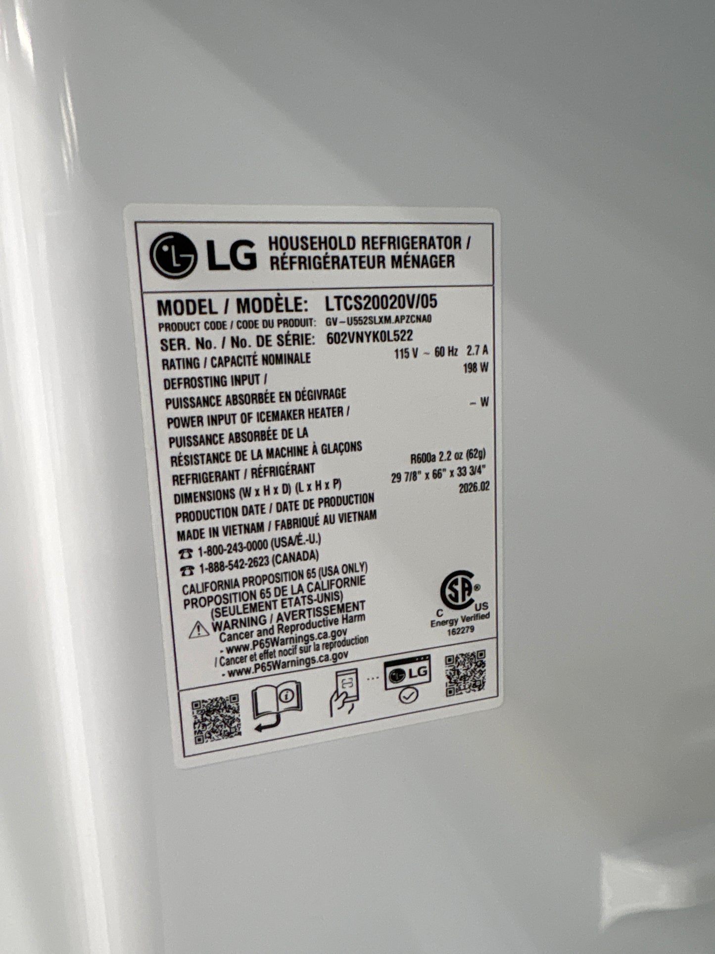 LG LTCS20020V 20 cu. ft. Top Freezer Refrigerator