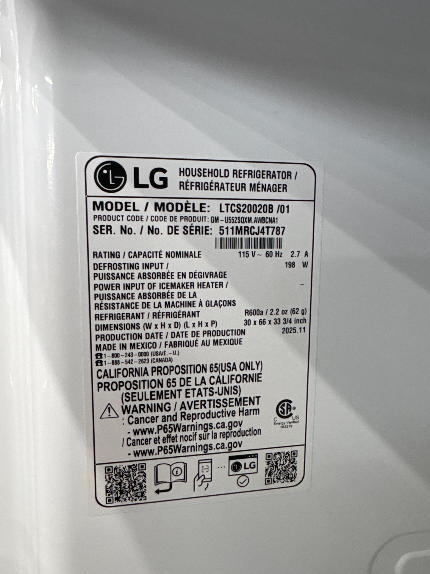 LG LTCS20020B 20 cu. ft. Top Freezer Refrigerator