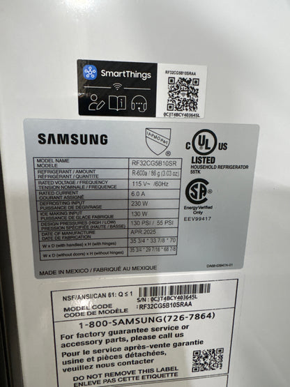 Samsung RF32CG5B10SR 31 cu. ft. Mega Capacity Standard Depth 3-Door French Door Refrigerator with External Water and Ice Dispenser  Dimensions: 35 3/4" W x 70" H x 29 7/16" D  Counter Depth: No  Color: Stainless Steel