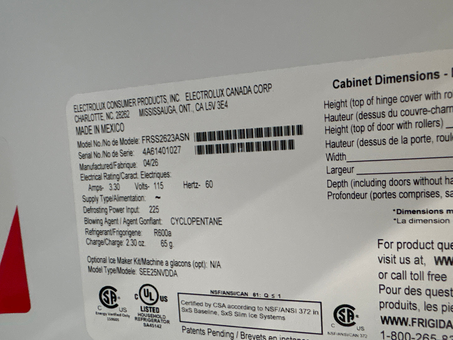 Frigidaire 26 cu. ft. Standard-Depth Side-by-Side Refrigerator