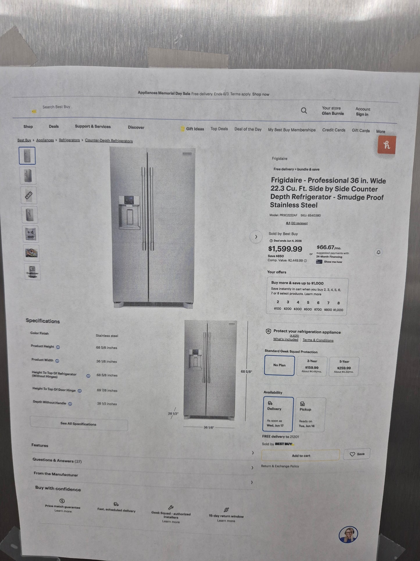 Frigidaire PRSC2222AFB Professional 22.3 cu. ft. Counter-Depth Side-by-Side Refrigerator