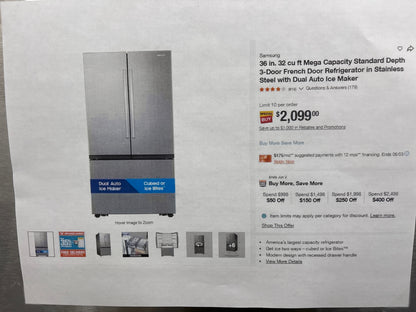 36 in 32 cu ft Mega Capacity Standard Depth 3 Door French Door Refrigerator in Stainless Steel with Dual Auto Ice Maker