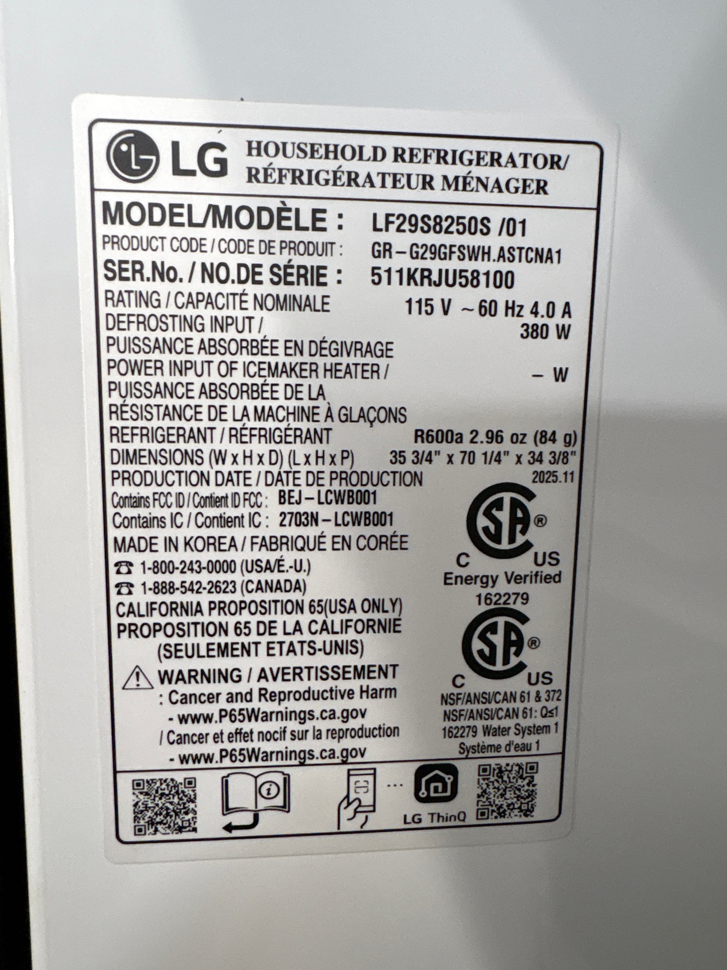 LG LF29S8250S 29 cu. ft. Smart InstaView® Standard-Depth MAX™ 4-Door French Door Refrigerator with Full-Convert Drawer™
