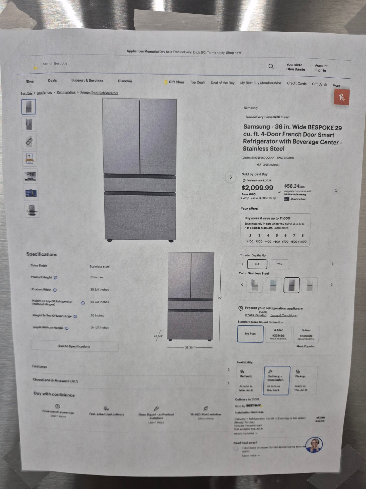 Samsung RF29BB8600QLAA Bespoke 29 cu. ft. Standard Depth 4-Door French Door Refrigerator with Beverage Center