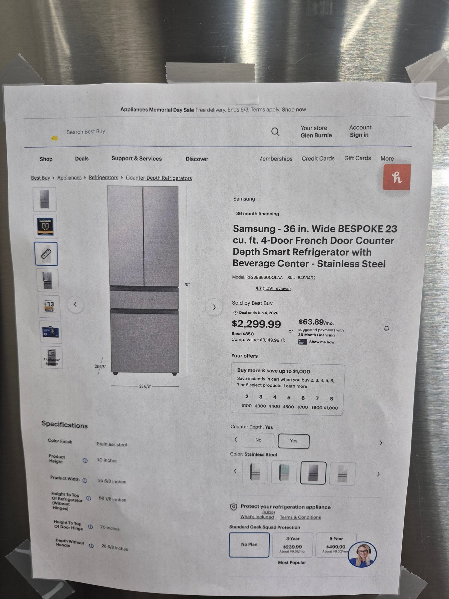 Samsung Bespoke 23 cu. ft. Counter Depth 4-Door French Door Smart Refrigerator with Beverage Center