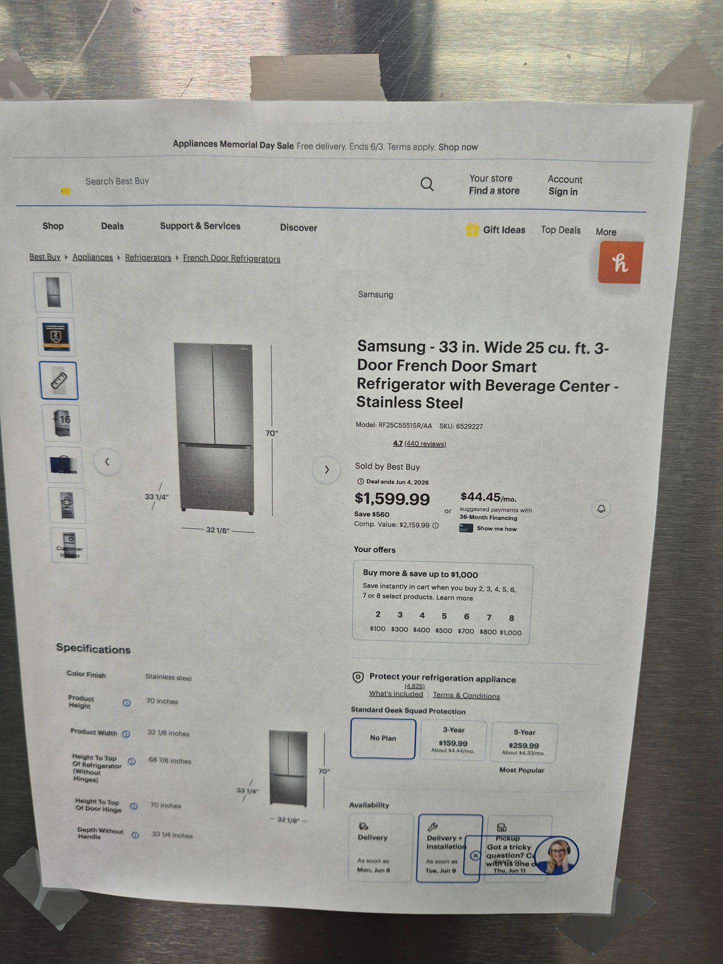 Samsung RF25C5551SR 25 cu. ft. 33" 3-Door French Door Refrigerator with Beverage Center™
