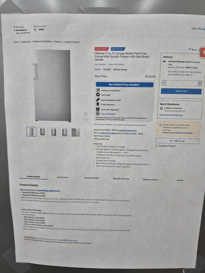 Hisense HFU171N1AVE 17 cu. ft. Garage Ready Frost Free Convertible Upright Freezer with Seal Break Handle