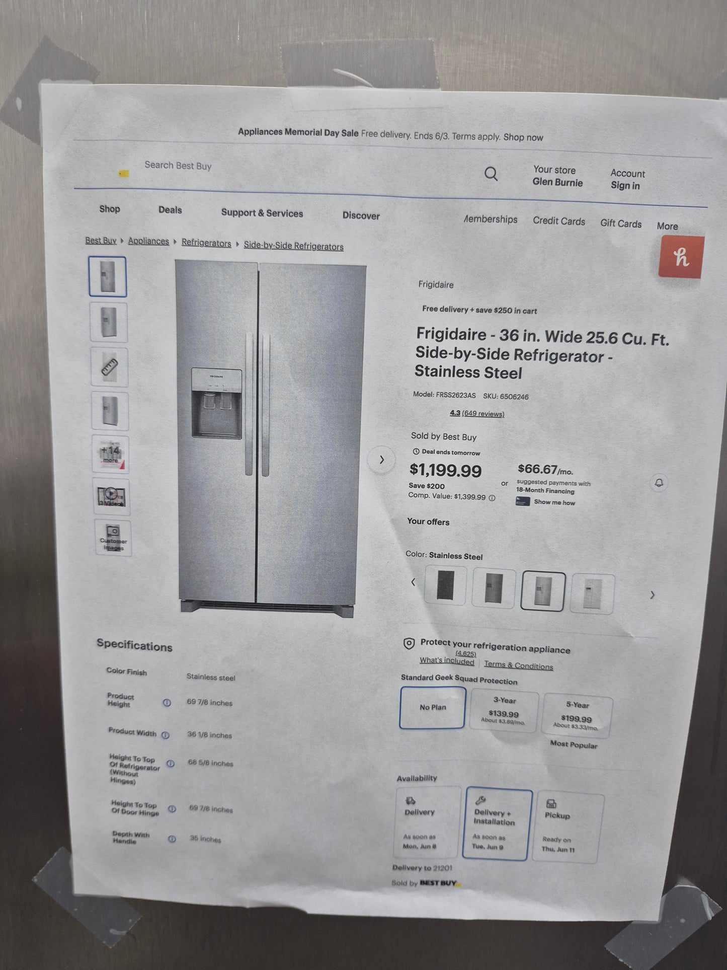 Frigidaire FRSS2623ASJ 26 cu. ft. Standard-Depth Side-by-Side Refrigerator