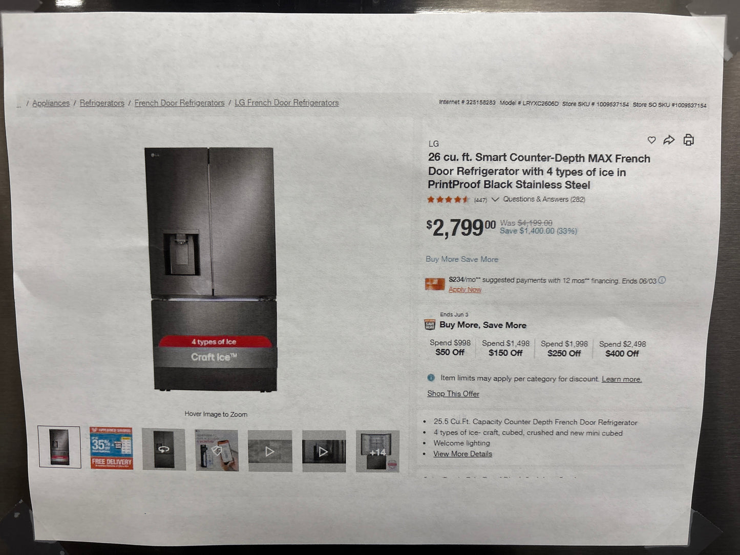 LG LRYXC2606D 26 cu. ft. Smart Counter-Depth MAX™ French Door Refrigerator with Four Types of Ice