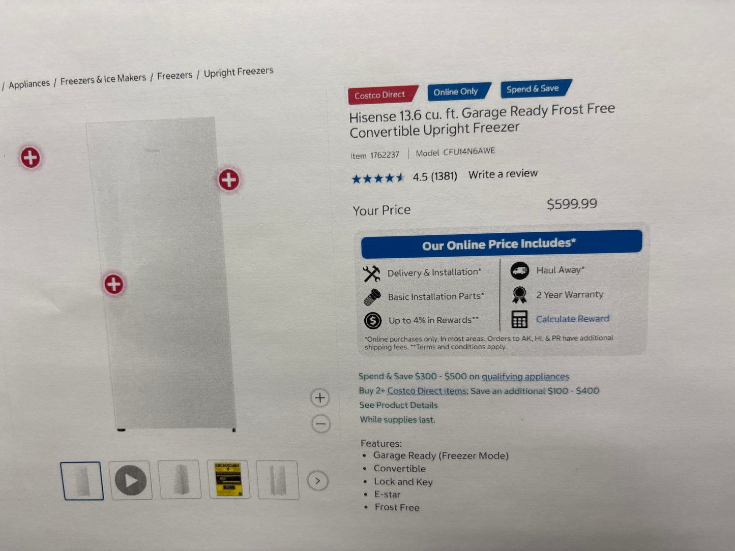 Hisense CFU14N6AWE 13.6 cu. ft. Garage Ready Frost Free Convertible Upright Freezer