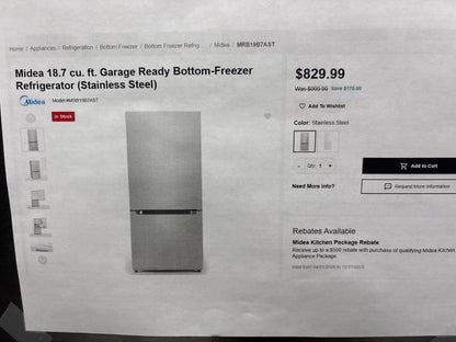 Midea MRB19B7AST 18.7 cu. ft. Garage Ready Bottom-Freezer Refrigerator