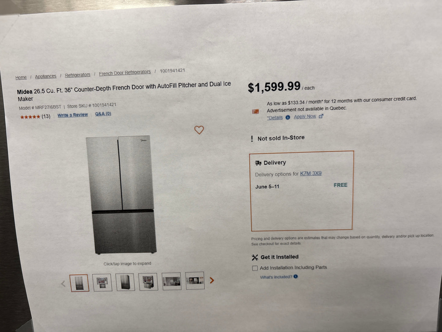Midea MRF27I6BST 26.5 cu. ft. Counter-Depth PLUS™ French Door Refrigerator with Dual Icemakers