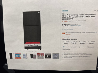 LG LTCS20020B 20 cu. ft. Top Freezer Refrigerator Smooth Black