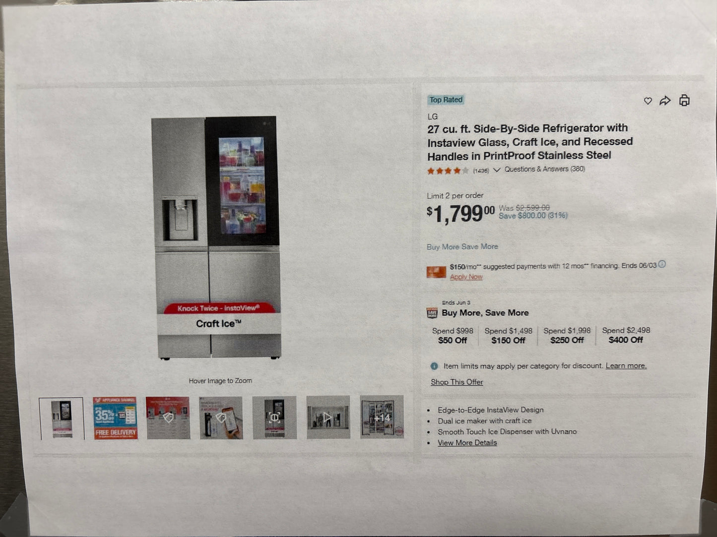 LG 27 LRSCS2706S cu. ft. Side-By-Side InstaView Refrigerator with Craft Ice