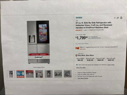 LG 27 LRSCS2706S cu. ft. Side-By-Side InstaView Refrigerator with Craft Ice
