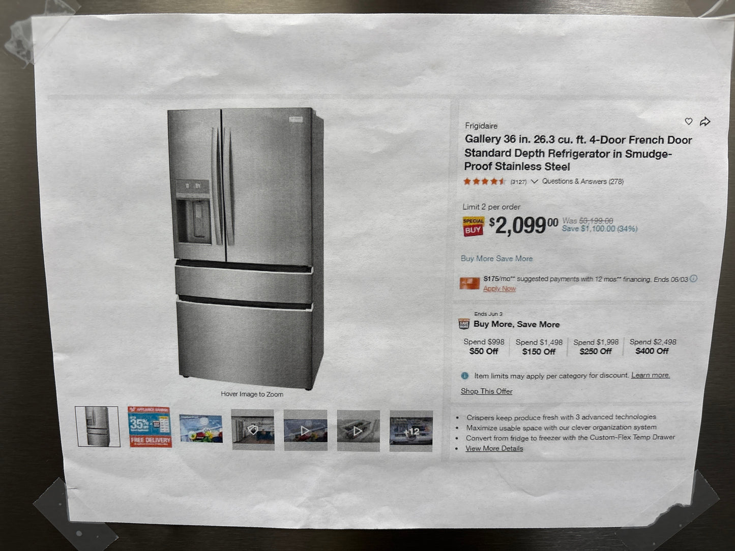Frigidaire GRMS2773AF Gallery 26.3 cu. ft. Standard-Depth 4-Door French Door Refrigerator
