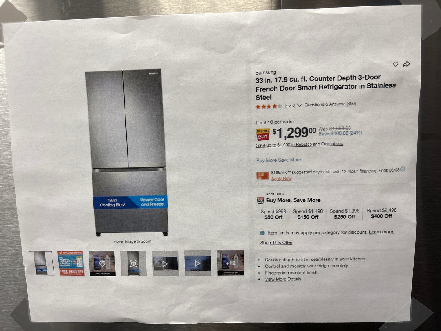 Samsung 18 cu. ft. Smart Counter Depth 3-Door French Door Refrigerator