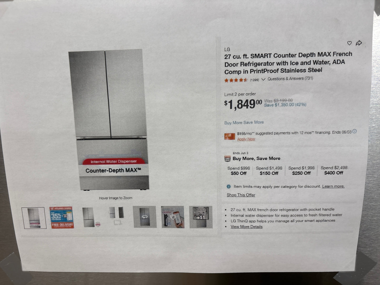 LG 27 LRFLC2716S cu. ft. Smart Counter-Depth MAX™ French Door