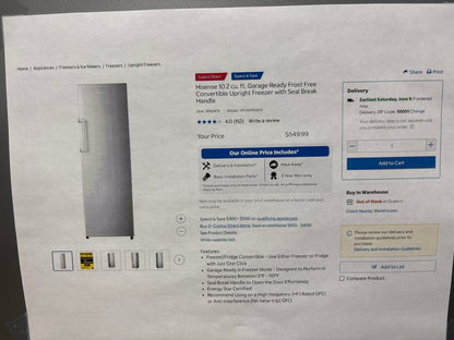 Hisense HFU101N1AVE 10.2 cu. ft. Garage Ready Frost Free Convertible Upright Freezer