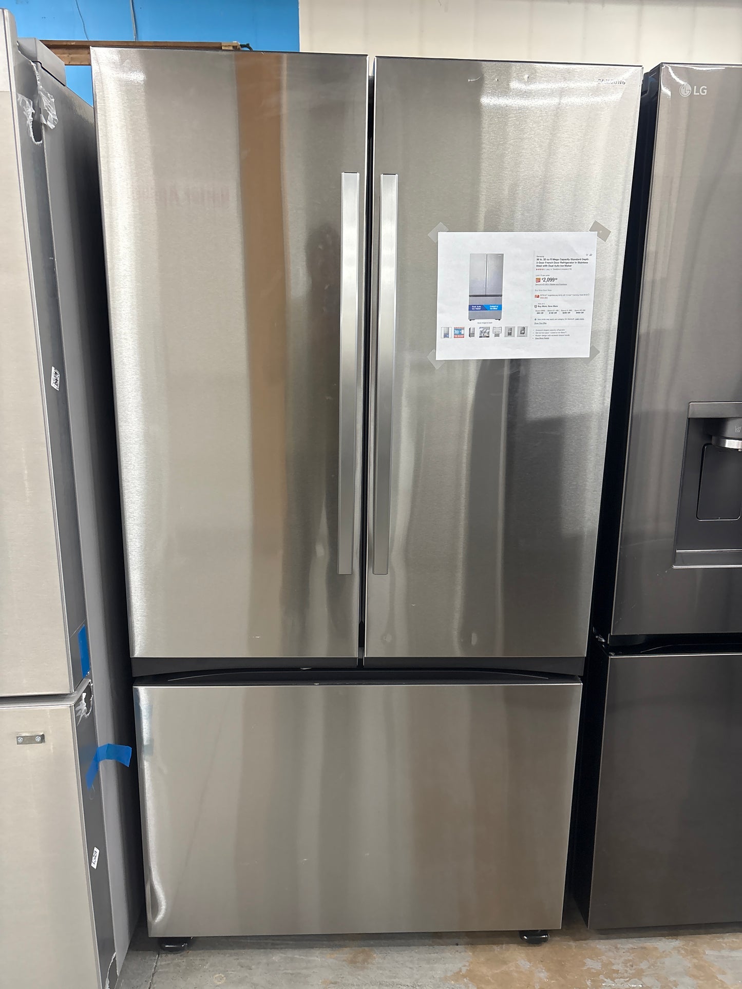 36 in 32 cu ft Mega Capacity Standard Depth 3 Door French Door Refrigerator in Stainless Steel with Dual Auto Ice Maker