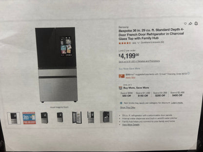 Samsung BESPOKE RF29BB8900QK NEW 36" Smart 4‑Door French Door Refrigerator — 29 Cu. Ft., Family Hub™, FlexZone, Stainless Steel