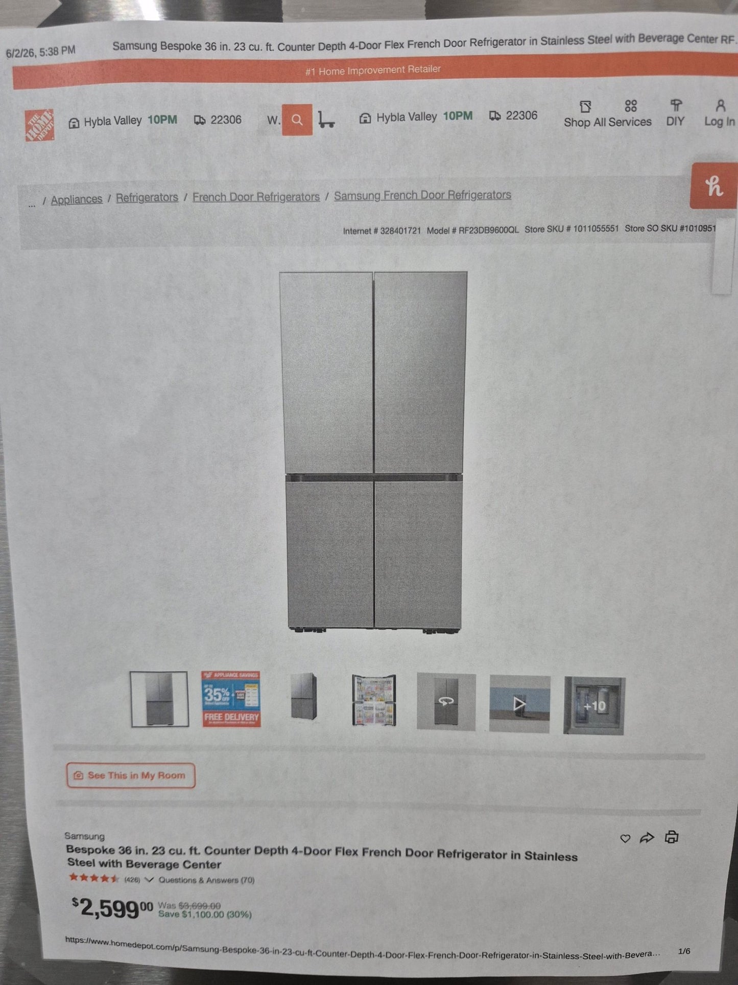 Samsung RF23B7671SR 23 cu. ft. Counter Depth 4-Door French Door Refrigerator with Beverage Center