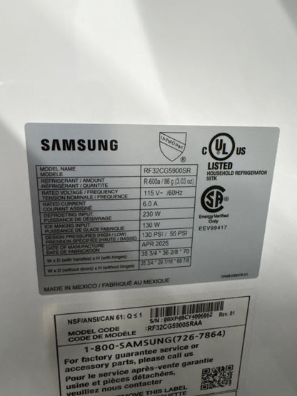 Samsung RF32CG5900SR NEW 36" Smart French Door Refrigerator — 30 Cu. Ft., Family Hub™, Dual Ice Maker, Stainless Steel