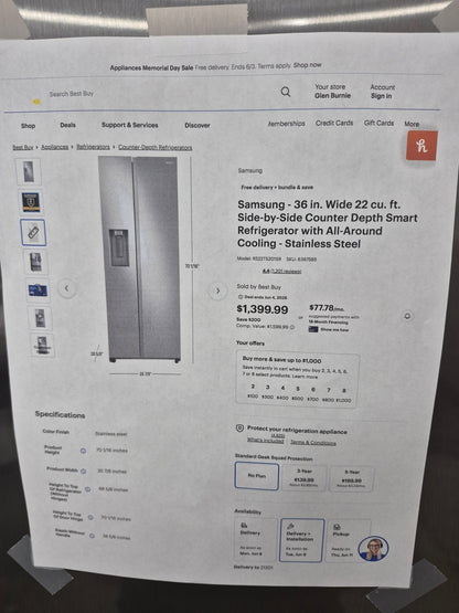 Samsung RS22T5201SR 22 cu. ft. Counter Depth Side-by-Side Refrigerator with Ice Maker